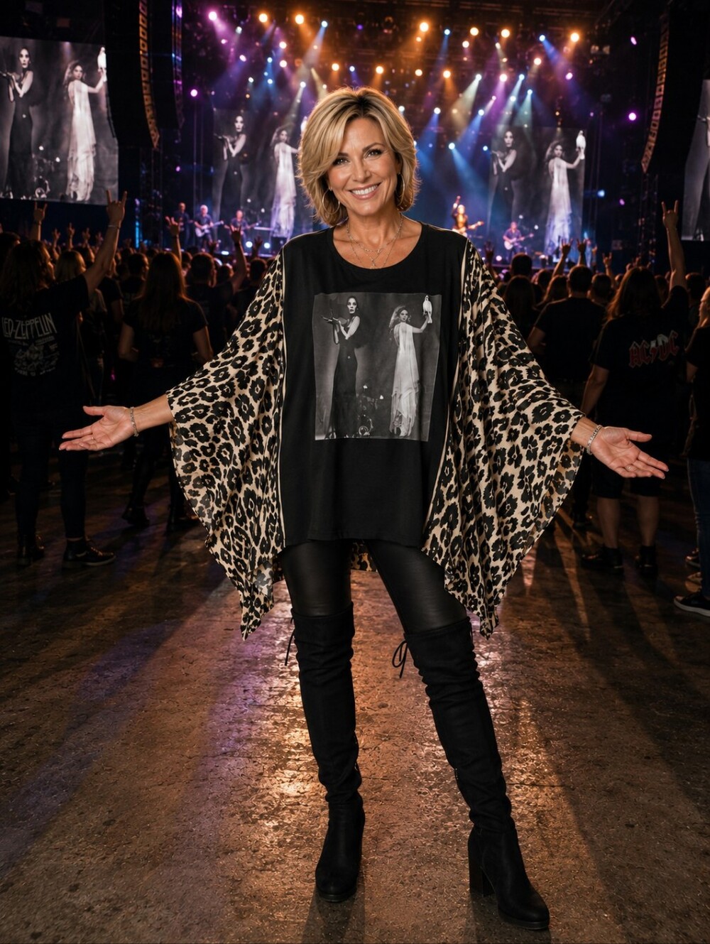 Black Graphic Tee with Animal Print Sleeves